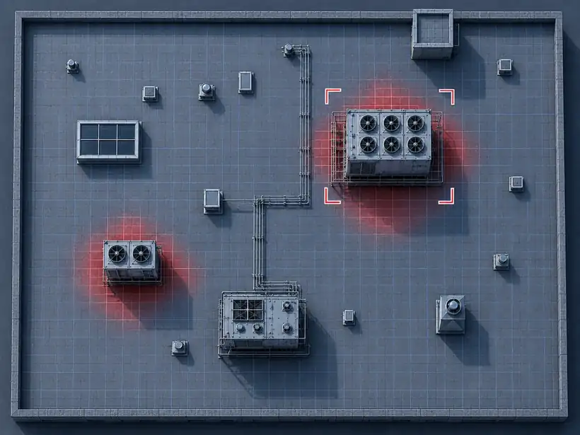 RoofIQ site capture, a rooftop plan on the survey grid, at-risk units flagged, one asset locked under a reticle