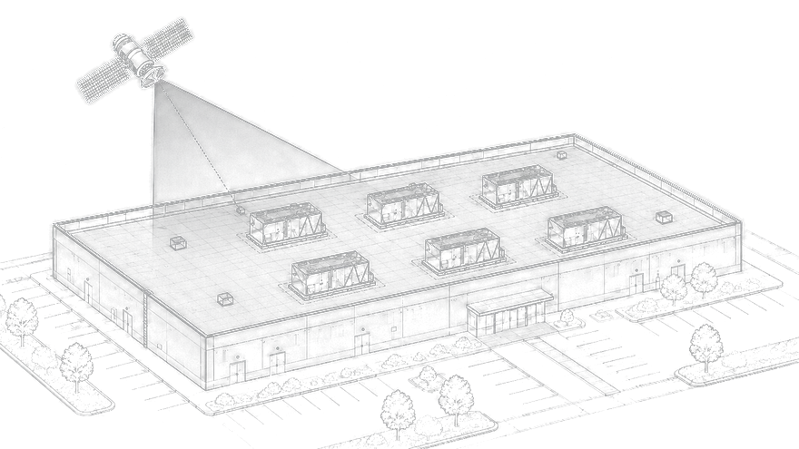 RoofIQ aerial capture, an isometric wireframe of a commercial rooftop with six rooftop units identified